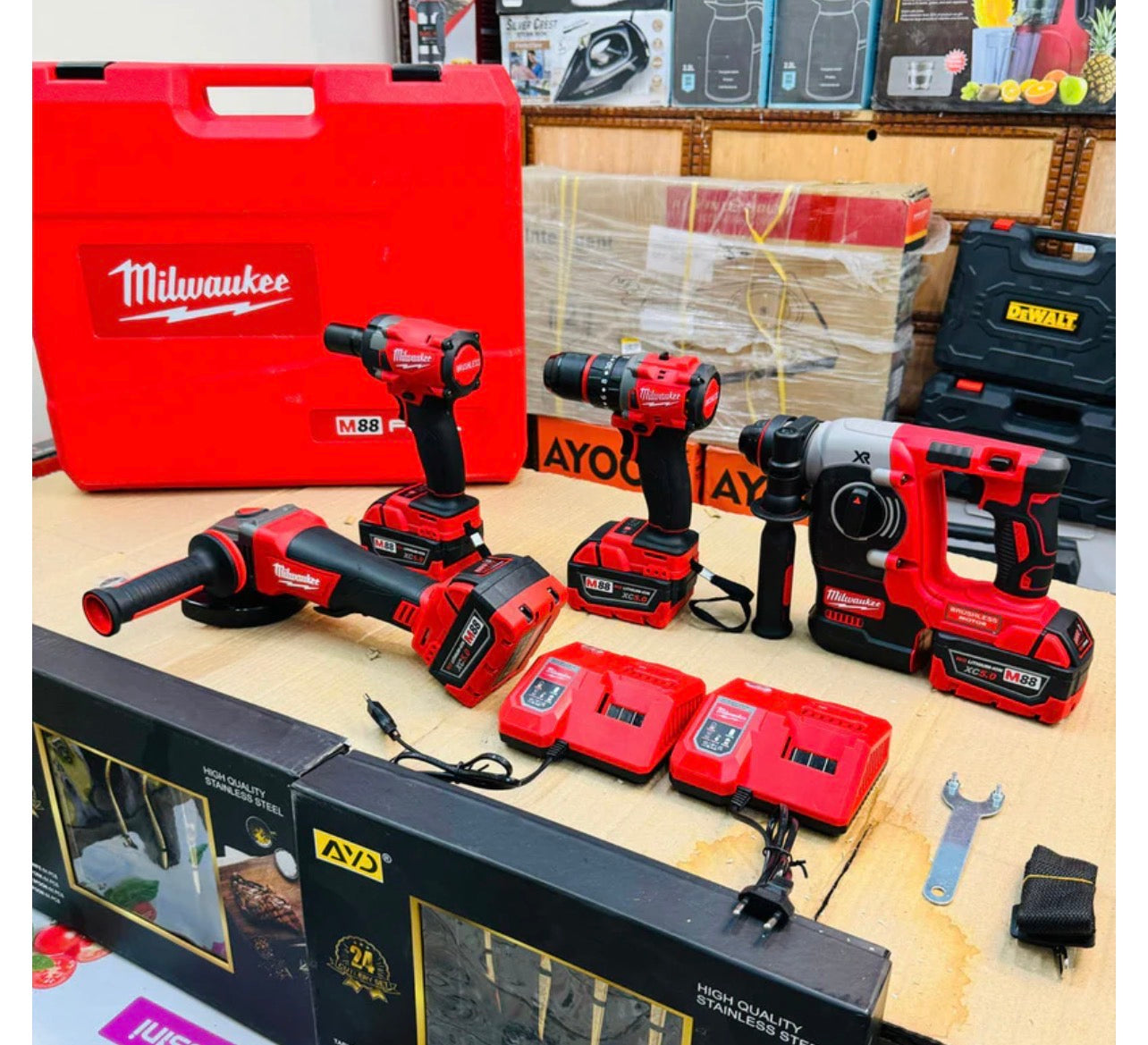 Milwaukee 4-in-1 Cordless Power Tool Kit – Drill, Impact Wrench, Angle Grinder & Rotary Hammer with Batteries and Carry Case