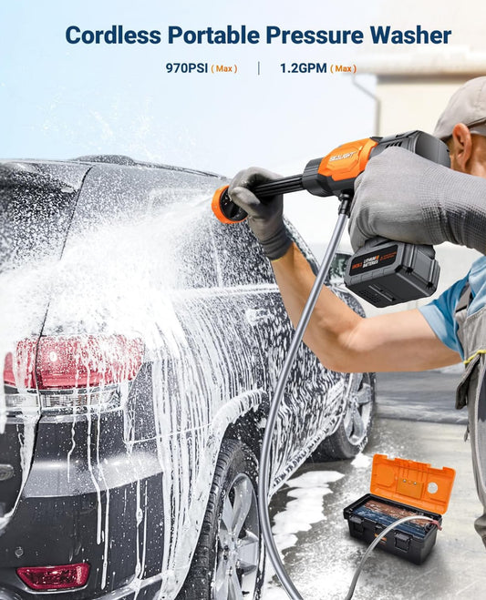 48V Cordless Power Washer | 600 PSI Portable Pressure Washer w/ 4.0Ah Battery & 6-in-1 Nozzle | 270” Hose for Car, Home, Garden Cleaning