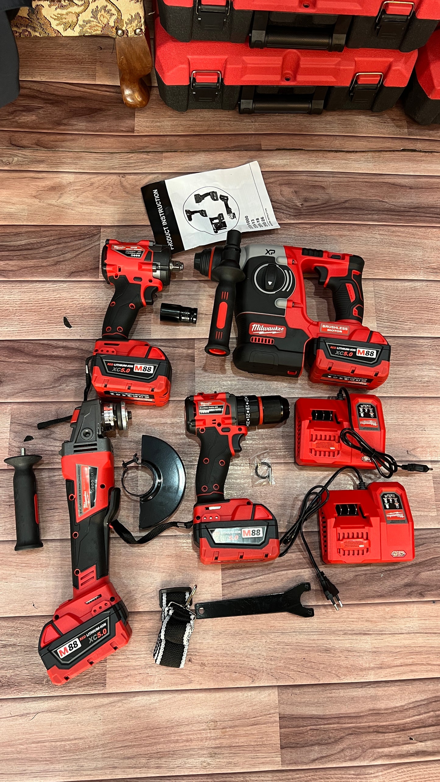 Milwaukee 4-in-1 Cordless Power Tool Kit – Drill, Impact Wrench, Angle Grinder & Rotary Hammer with Batteries and Carry Case