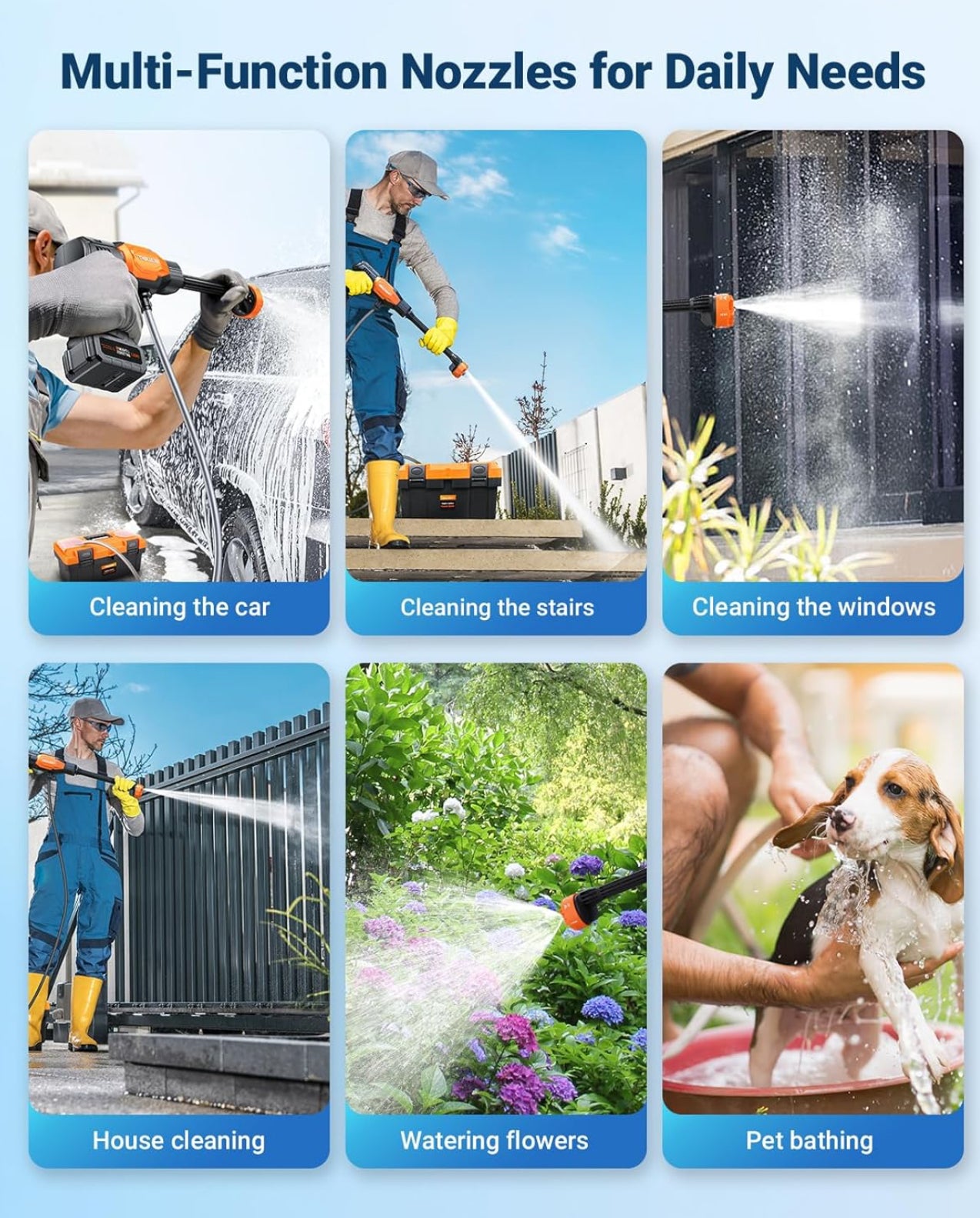 48V Cordless Power Washer | 600 PSI Portable Pressure Washer w/ 4.0Ah Battery & 6-in-1 Nozzle | 270” Hose for Car, Home, Garden Cleaning